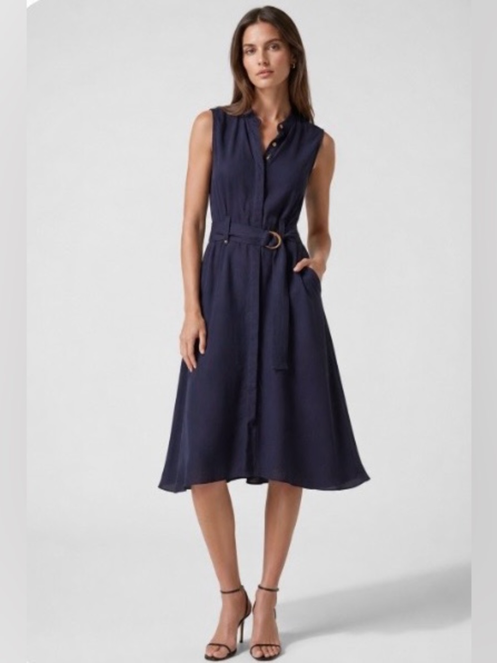 Karl Lagerfeld Navy Sleeveless Midi Shirt Dress with D-Ring Belt